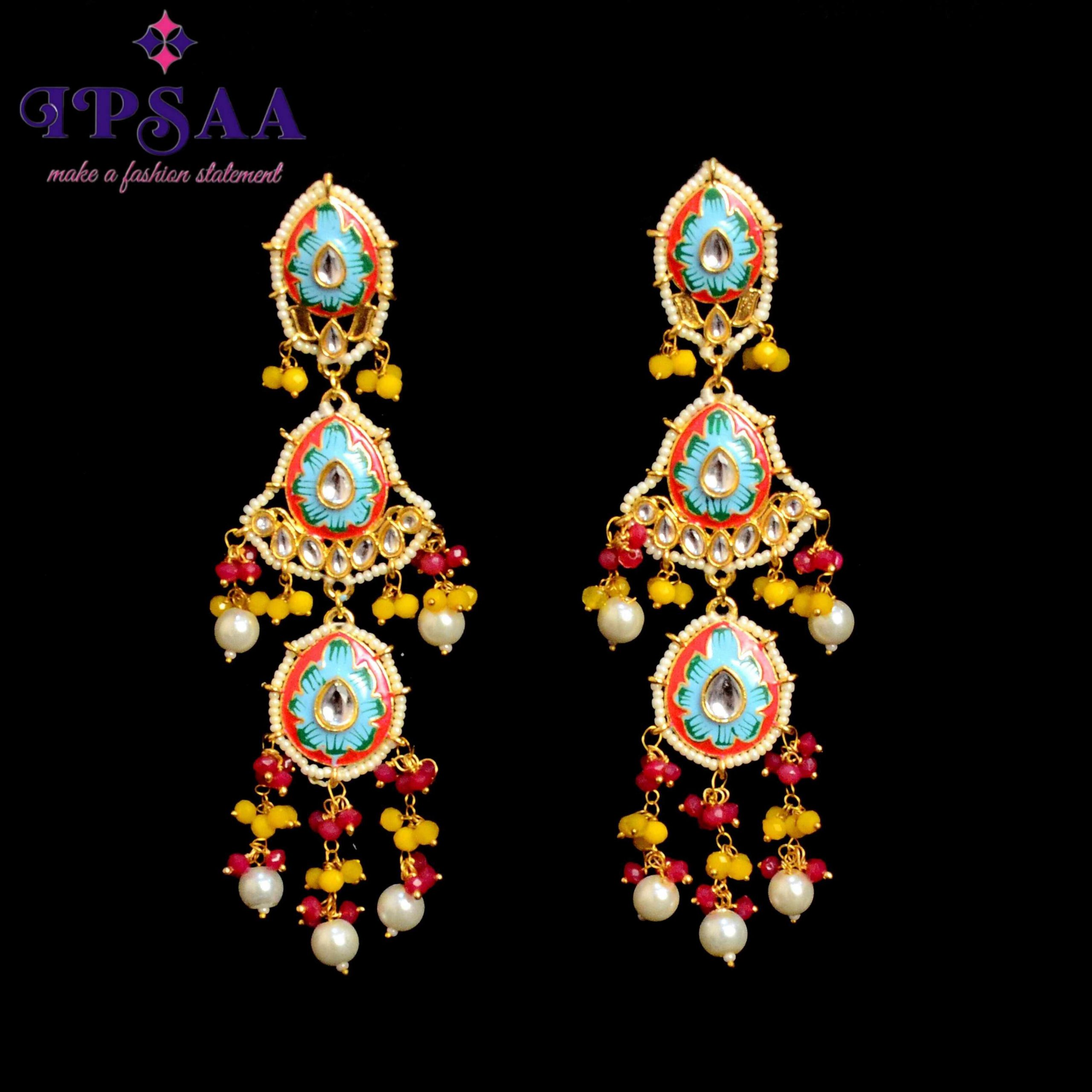 Gold plated beads kundan dangler earringfor women. Five layer gold plated and embellished with kundan intricate high polish.