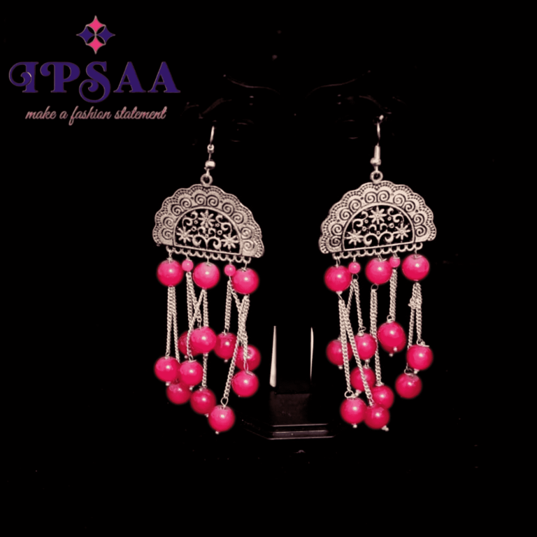 Oxidized long silver earring with glass beads colors red, blue, pink, yellow