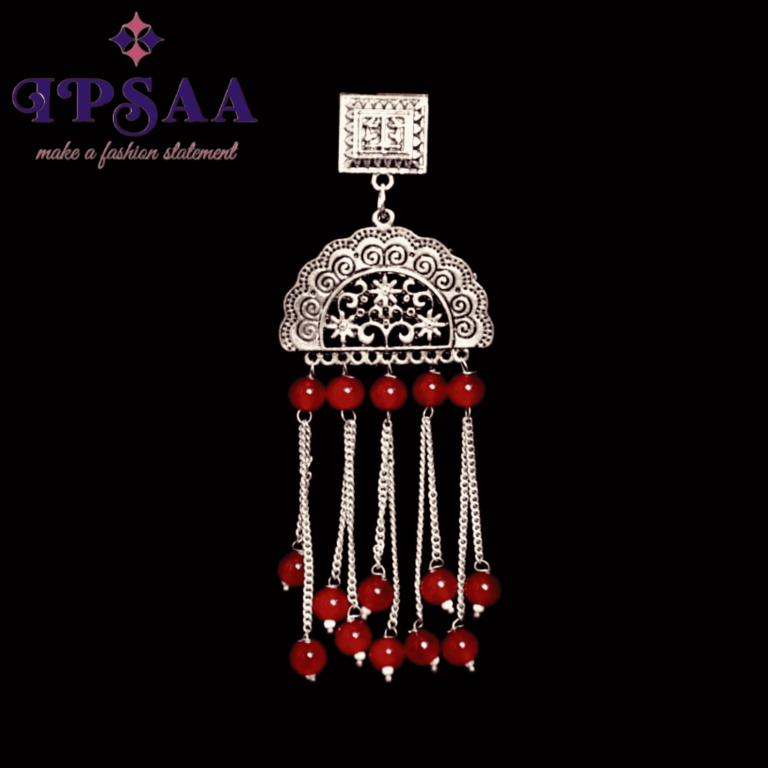 Oxidized long silver earring with glass beads colors red, blue, pink, yellow