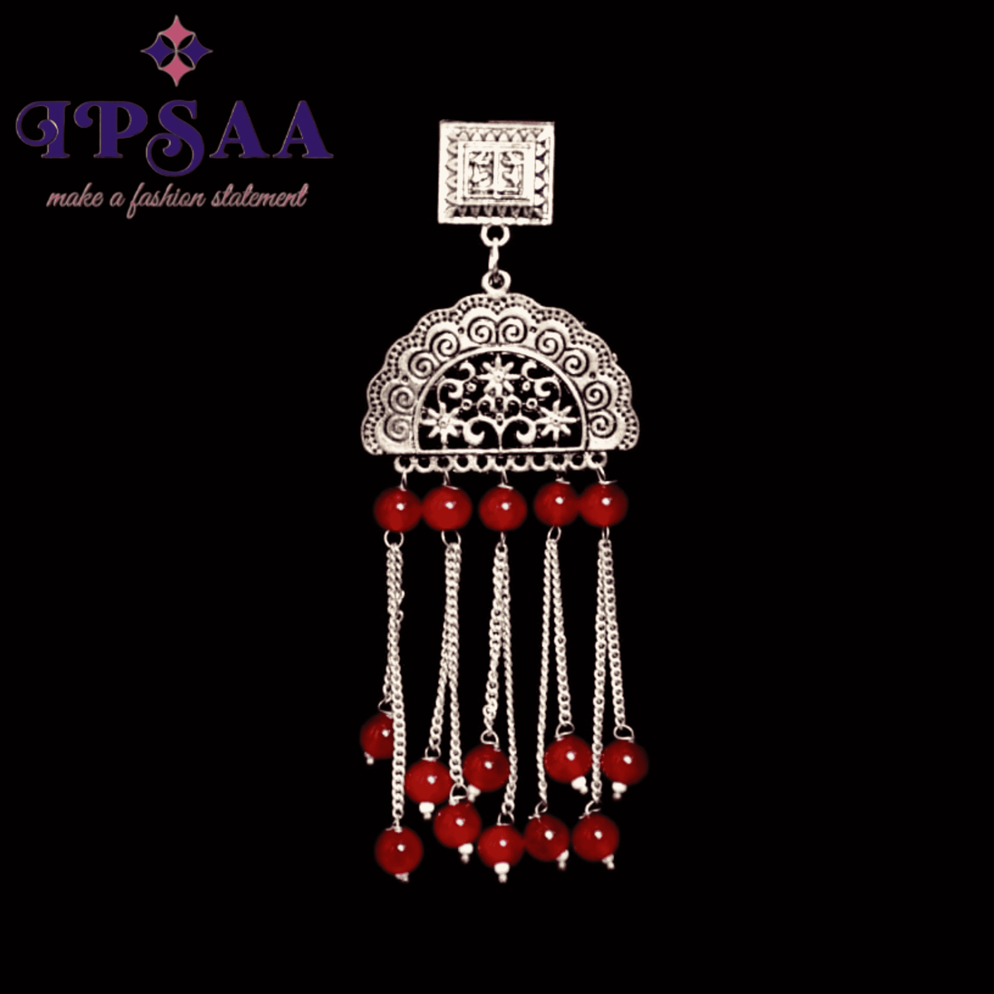Oxidized long silver earring with glass beads colors red, blue, pink, yellow