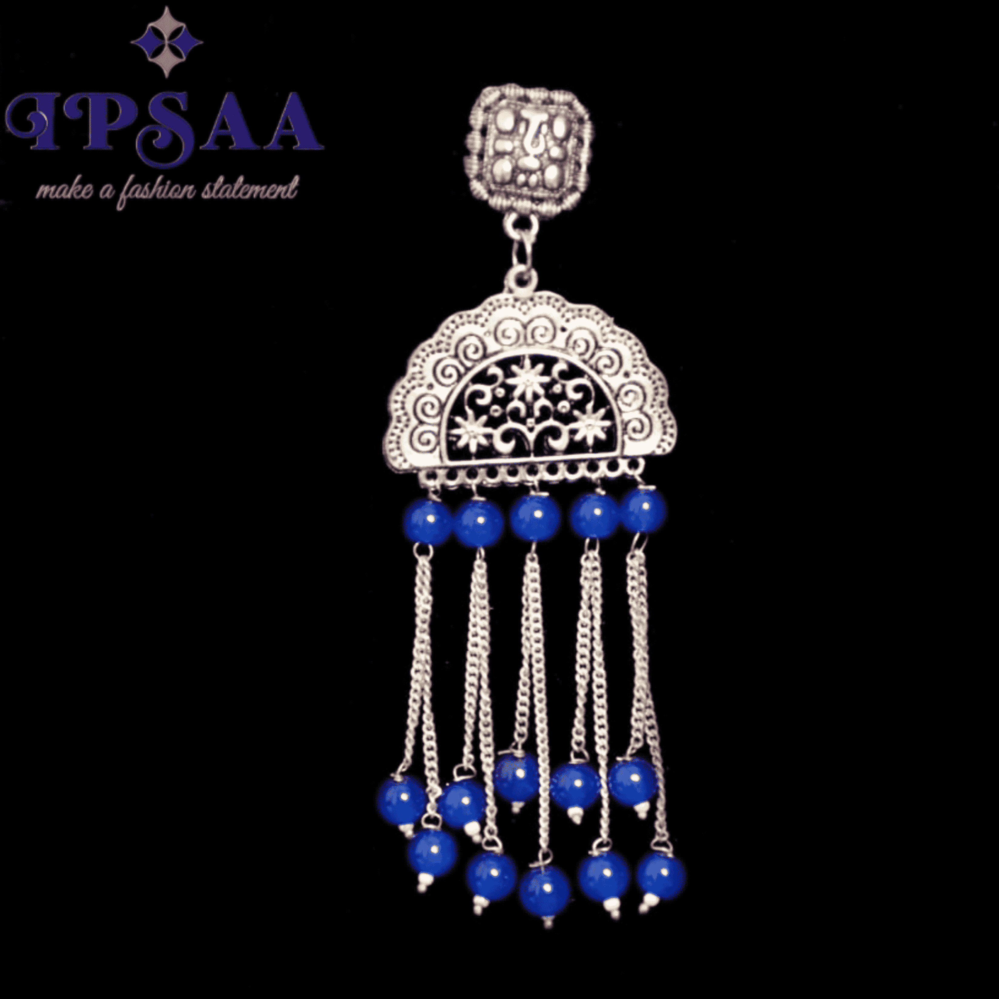 Oxidized long silver earring with glass beads colors red, blue, pink, yellow