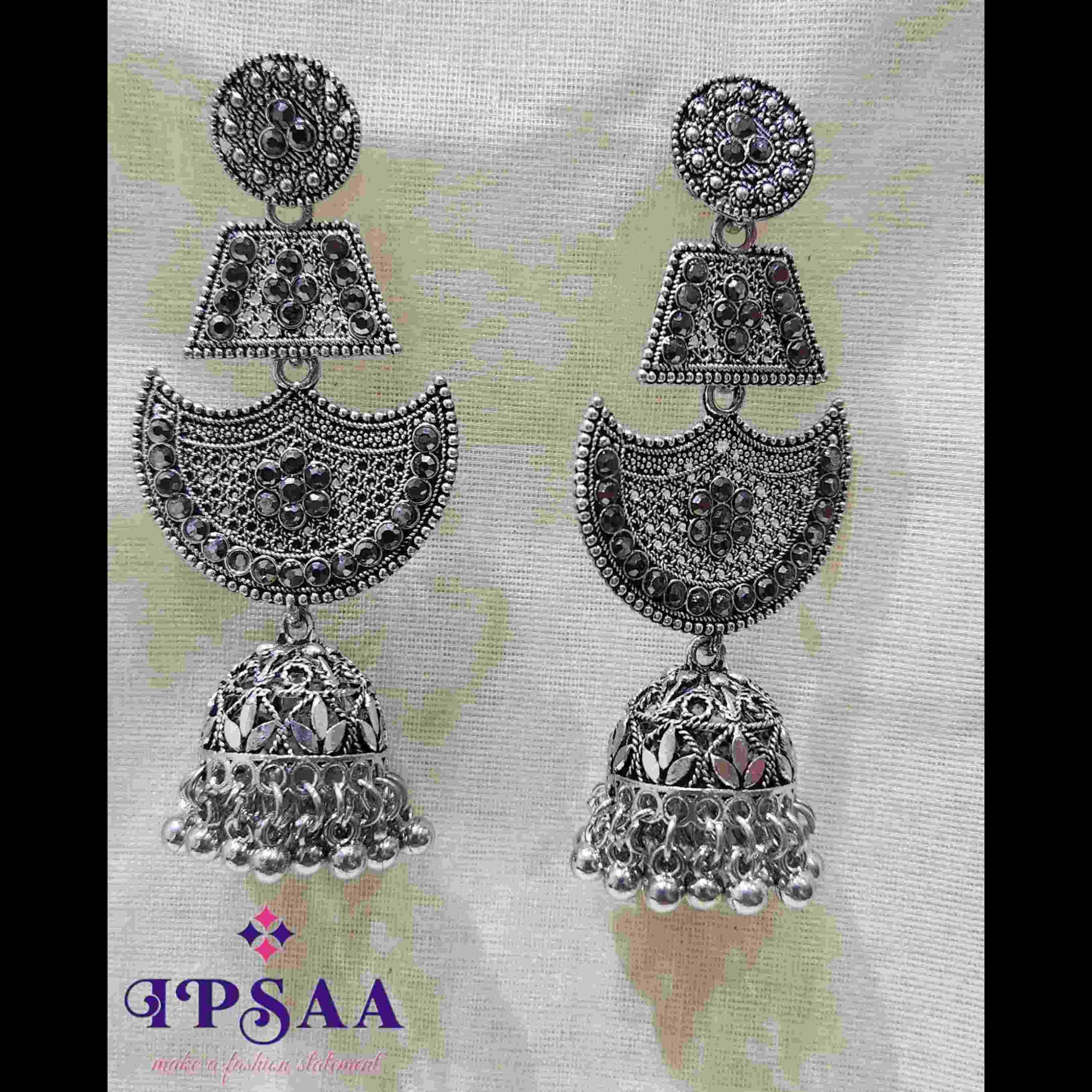 Stylish silver oxidized Indian jhumki earrings - An eternal classical design. These vintage earrings wil complement any occasion ethnic wear/ daily / college / party wear