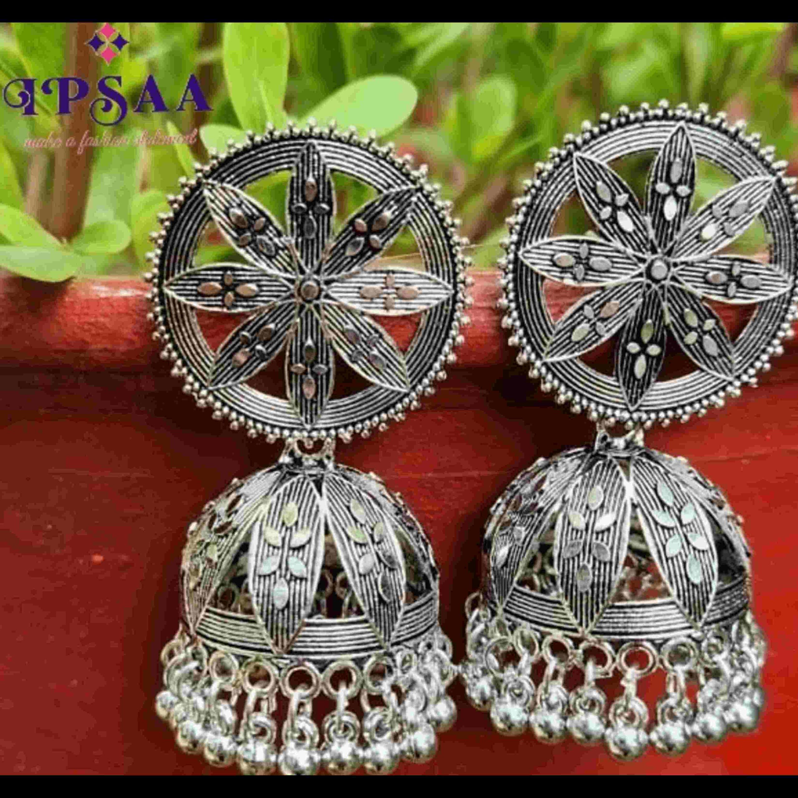 Stylish silver oxidized Indian jhumki earrings - An eternal classical design. These vintage earrings wil complement any occasion ethnic wear/ daily / college / party wear